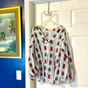 NWOT Women’s Baku Floral Embroidered Boho Balloon Sleeve V Neck Top Size Medium